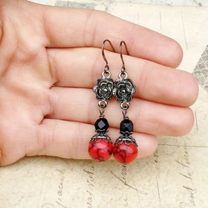 Red Earrings, Black Earrings, Red Turquoise Earrings, Gunmetal Earrings, Unique Earrings, Czech Glass Beads, Red and Black Earrings, Gifts image 10