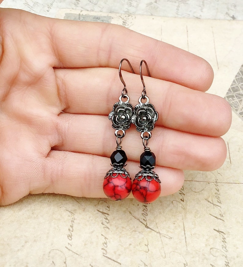 Red Earrings, Black Earrings, Red Turquoise Earrings, Gunmetal Earrings, Unique Earrings, Czech Glass Beads, Red and Black Earrings, Gifts image 10