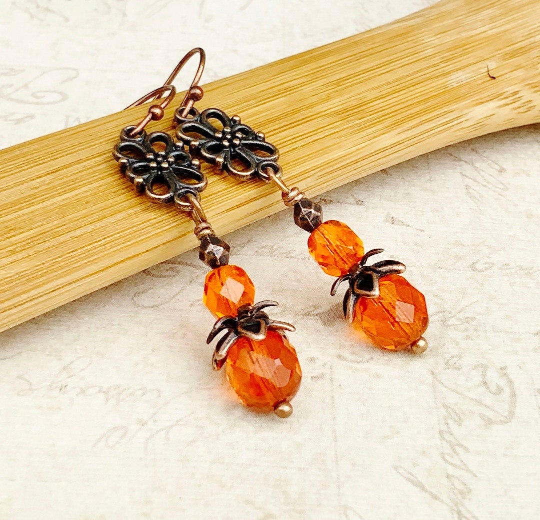 Orange Earrings, Bright Orange Earrings, Orange Dangle Earrings, Copper ...