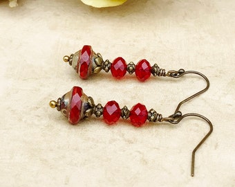 Red Earrings, Dark Red Earrings, Garnet Earrings, Victorian Earrings, Vintage Look Earrings, Czech Glass Beads, Unique Earrings, Gifts