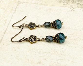 Blue Earrings, Montana Blue Earrings, Blue Gold Earrings, Blue Flower Earrings, Long Blue Earrings, Czech Glass Beads, Vintage Style Earring