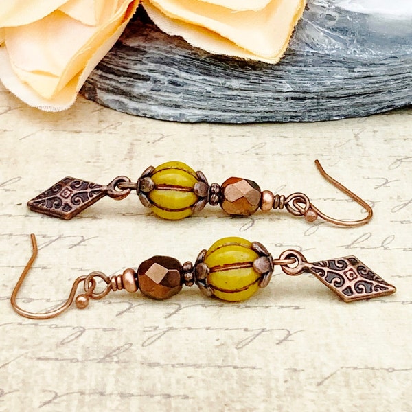 Yellow Earrings, Brown Earrings, Copper Earrings, Chocolate Earrings, Boho Earrings, Victorian Earrings, Czech Glass Beads, Gifts for Her