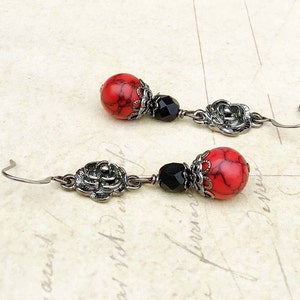 Red Earrings, Black Earrings, Red Turquoise Earrings, Gunmetal Earrings, Unique Earrings, Czech Glass Beads, Red and Black Earrings, Gifts image 8