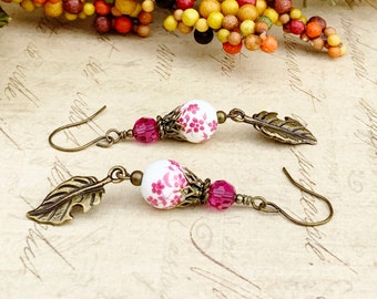 Pink Earrings, Fuschia Earrings, Fuschia Flower Earrings, White Earrings, Leaf Earrings, Pink Flower Earrings, Czech Glass Beads, Gifts