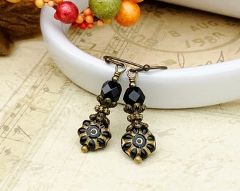 Black Earrings, Jet Earrings, Flower Earrings, Black Flower Earrings, Black Gold Earrings, Daisy Earrings, Czech Glass Beads, Gifts for Her