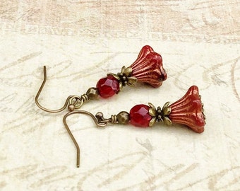 Red Earrings, Ruby Earrings, Garnet Earrings,Copper Earrings, Czech Glass Beads,Flower Earrings, Red Flower Earrings, Copper Flower Earrings