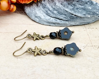 Black Earrings, Jet Earrings, Star Earrings, Black Star Earrings, Black Flower Earrings, Flower Earrings, Czech Glass Beads, Gifts for Her