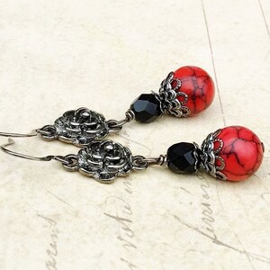 Red Earrings, Black Earrings, Red Turquoise Earrings, Gunmetal Earrings, Unique Earrings, Czech Glass Beads, Red and Black Earrings, Gifts image 3