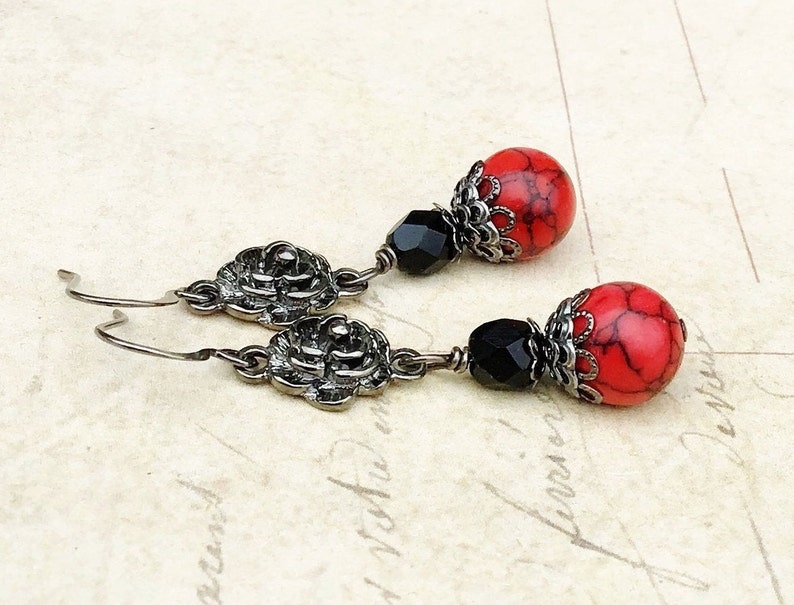 Red Earrings, Black Earrings, Red Turquoise Earrings, Gunmetal Earrings, Unique Earrings, Czech Glass Beads, Red and Black Earrings, Gifts image 3