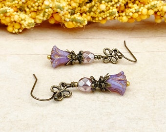 Purple Earrings, Purple Flower Earrings, Lilac Earrings, Alexandrite Earrings, Tulip Earrings, Victorian Earrings, Czech Glass Beads, Gifts