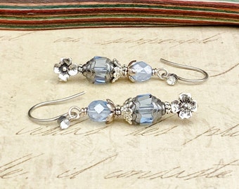 Blue Earrings, Sapphire Earrings, Light Blue Earrings, Sapphire Blue Earrings, Blue Silver Earrings, Blue Flower Earrings, Czech Glass Beads