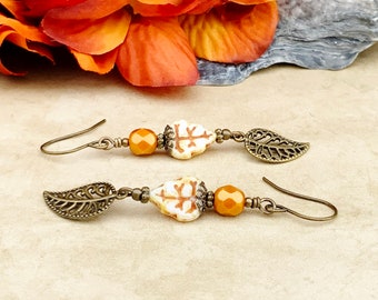 Orange Earrings, White Earrings, Orange and White Earrings, White Leaf Earrings, Leaf Charm Earrings, Leaf Earrings, Czech Glass Beads, Gift