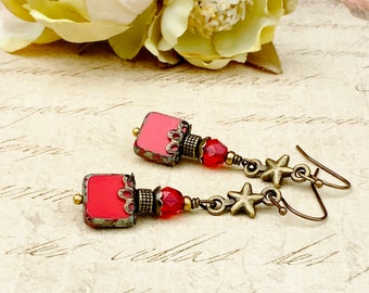 Red Earrings, Bright Red Earrings, Dark Red Earrings, Star Earrings, Victorian Earrings, Red and Gold Earrings, Czech Glass Beads, Gifts