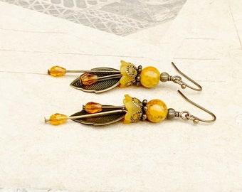 Orange Earrings, Orange Flower Earrings, Lucite Flower Earrings, Leaf Earrings, Czech Glass Beads, Long Flower Earrings, Czech Glass Beads