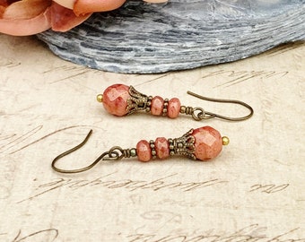 Pink Earrings, Pink Coral Earrings, Dark Pink Earrings, Pink Coral Jewelry, Pink Gold Earrings, Victorian Earrings, Czech Glass Beads, Gifts