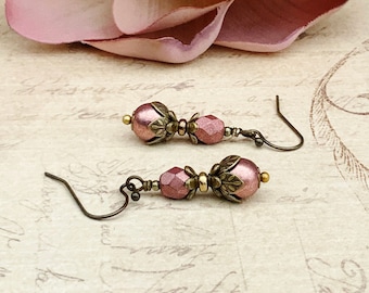 Pink Earrings, Pink Pearl Earrings, Dark Pink Earrings, Pearl Earrings, Pink Gold Earrings, Victorian Earrings, Czech Glass Beads, Gifts