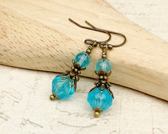 Blue Earrings, Aqua Earrings, Aqua Blue Earrings, Aquamarine Earrings, Vintage Style Earrings, Czech Glass Beads, Victorian Earrings, Gifts