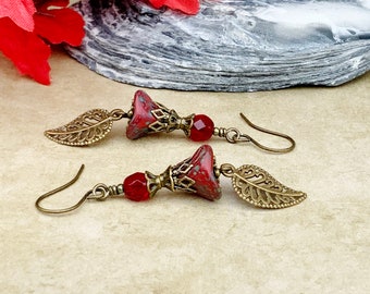 Red Earrings, Ruby Earrings, Ruby Red Earrings, Dark Red Earrings, Red Flower Earrings, Leaf Earrings, Czech Glass Beads, Victorian Earrings