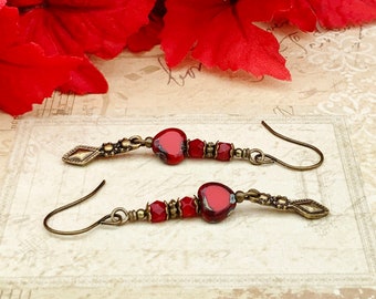 Red Earrings, Red Heart Earrings, Heart Earrings, Red and Gold Earrings, Victorian Earrings, Long Red Earrings, Czech Glass Beads, Gifts