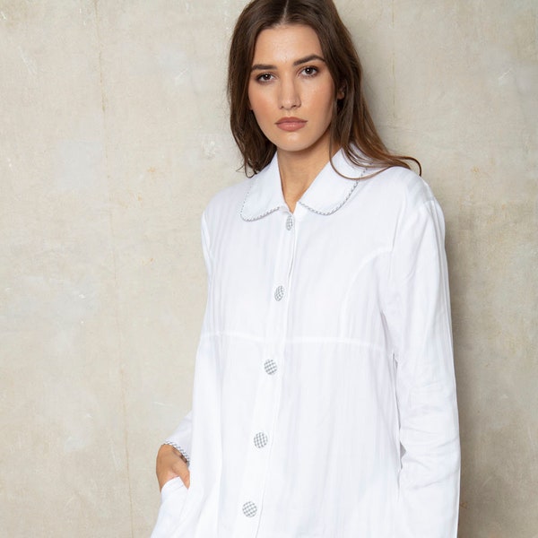 Cottonreal Ladies 100% Cotton Superfine White Shadow Stripe Button Up Robe Dressing Gown