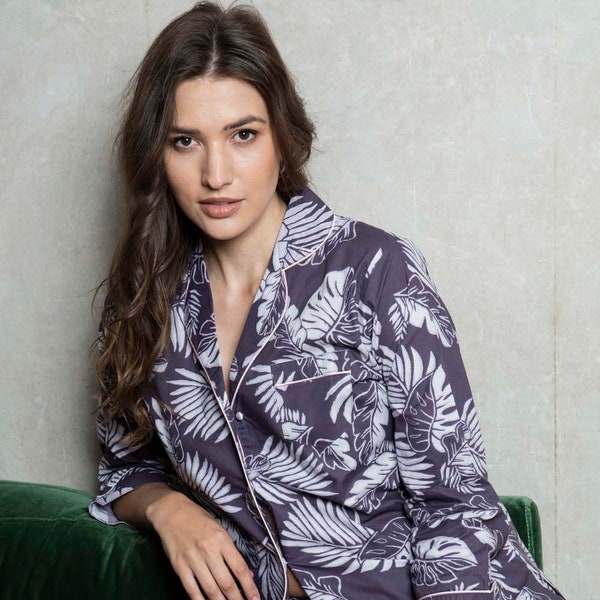 Ladies 100% Cotton Poplin Pyjamas ~  Palm Leaf Print Pajamas in Gorgeous Plum Colour by Cottonreal (CRP107/B)