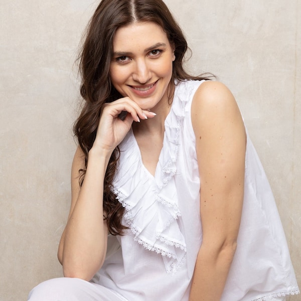Cottonreal  White Pyjamas 100% Cotton Batiste Pyjama Set with Ruffle Collar Sleeveless Pjs (Tonia)