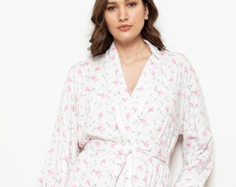 Ladies Cotton Jersey Dressing Gown with Pretty Freesia Floral detail ~ Cottonreal 'Fernan' Robe Kimono Wrap