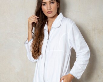 Ladies 100% Cotton White Superfine Shadow Stripe Zip Up Dressing Gown Robe