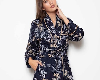 Ladies Navy Blue & Gold Wild Hibiscus Floral 100% Cotton Robe Dressing Gown by Cottonreal