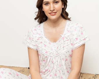 Ladies 100% Cotton Jersey Floral Print Pyjamas Pajamas by Cottonreal Short Sleeve Slip On PJs with Freesia Flower Detail (Fenia)
