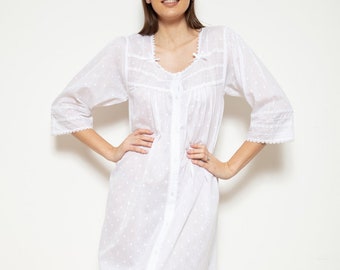 White Cotton Nightdress Victorian Style Voile Jaquard Polka Dot Housecoat Nightgown by Cottonreal (Jay)