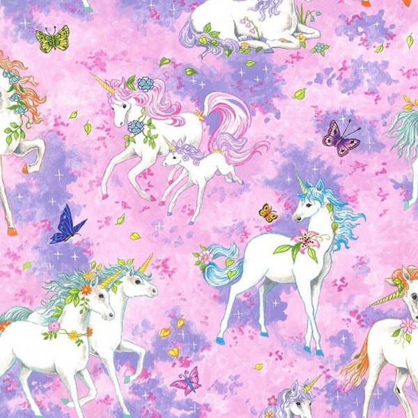 Nutex Fabric  - Children's Unicorns + Butterflies - Bright Pink & Purple Background - Patchwork Quilting Dressmaking Craft Material