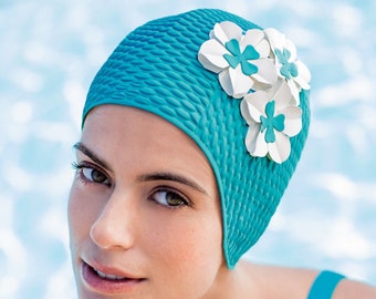 Retro Style Swim Cap - Fashy Swimming Hat with Flower Detail  - Vintage Style Bubble Swim Cap