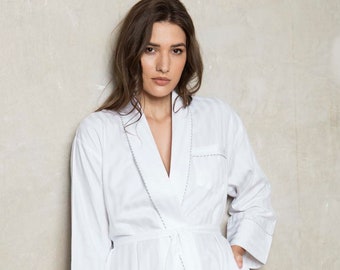 Cottonreal Ladies Dressing Gown Robe 100% White Cotton Superfine Shadow Stripe (CRP300-C)