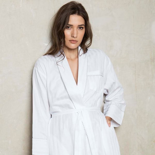 Cottonreal Ladies Dressing Gown Robe 100% White Cotton Superfine Shadow Stripe (CRP300-C)