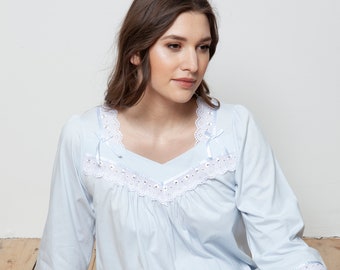 Ladies Victorian Style 100% Cotton Jersey Pale Blue 3/4 Sleeve Nightdress by Cottonreal (Wade)