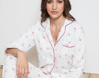 Ladies 100% Brushed Cotton Pyjama Set - Ditsy Pink Floral Print Super Soft Pajamas from Cottonreal (CRP117-B)