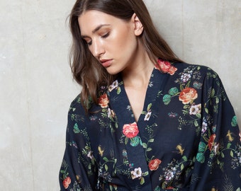 Cottonreal Ladies Navy Blue Hummingbird & Floral Print Cotton Robe Dressing Gown