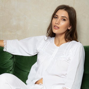100% Cotton Victorian Style White Cotton Pyjama Set by Cottonreal Camas image 1