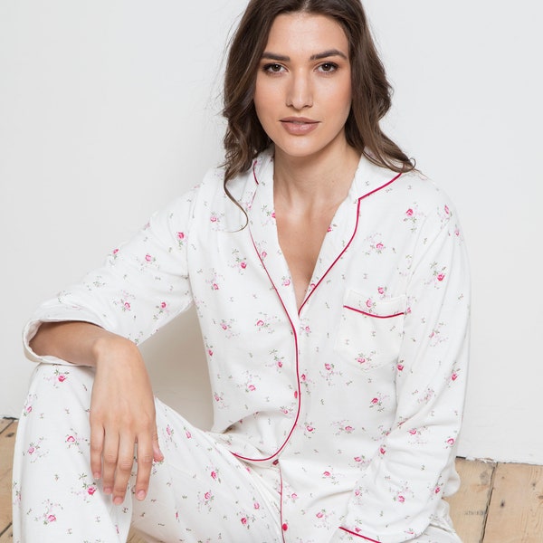 Ladies 100% Brushed Cotton Pyjama Set - Ditsy Pink Floral Print Super Soft Pajamas from Cottonreal (CRP117-B)