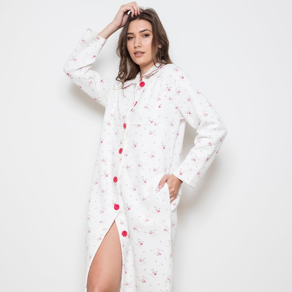 Ladies 100% Cotton Quilted Pink Floral Button Up Robe Dressing Gown from Cottonreal (CRP20/8 Q3)