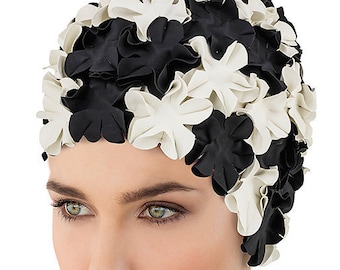 Retro Style Swim Cap - Fashy Swimming Hat - Black & White Petal Swim Cap - Vintage Style Petal Swim Cap (3191 22)