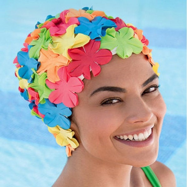Bonnet de bain style rétro - bonnet de bain tendance - bonnet de bain pétale multicolore - bonnet de bain pétale style vintage