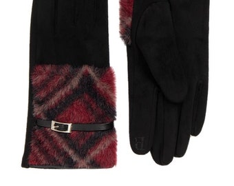 Ladies Womens Gloves Black Red Tartan Faux Fur Buckle 'Rubi' Pia Rossini Gloves