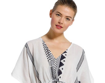 Ladies Beautiful Kimono Cotton Cover Up | White with Navy Blue Abstract Print | Pastunette Beach Wear