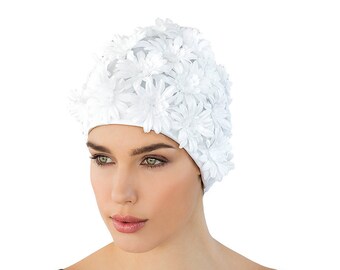 Retro Style Swim Cap - Fashy Swimming Hat - White Petal Swim Cap - Vintage Style Petal Swim Cap