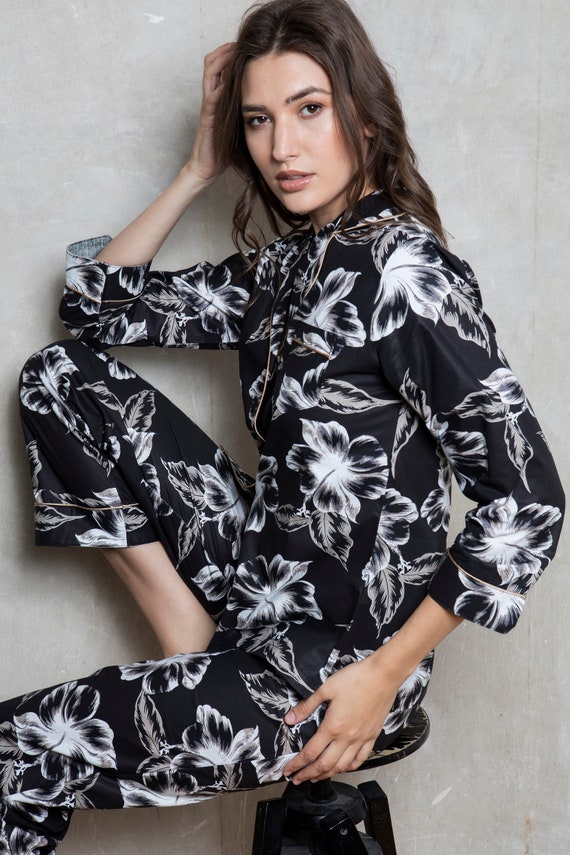 100% Katoen Poplin Pyjama 'Tropical Leaf' van Etsy