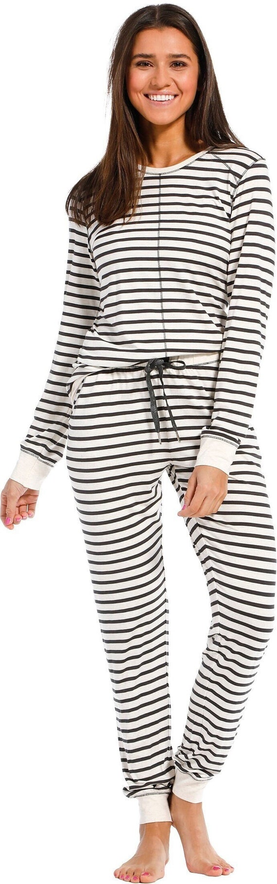 Ladies Womens Black & White Stripe Pyjama Set - Soft Jersey Pyjamas