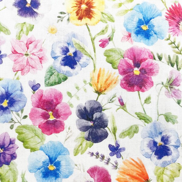 Cotton Fabric - Bright Multi Colour Pansy Floral Flowers - Craft Fabric Material Metre