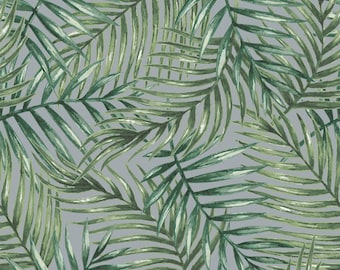 Outdoor Garden Fabric - Leaf Print on Dove Grey Background - Digitally Printed PU Coated UV Resistant Water Repellent Material